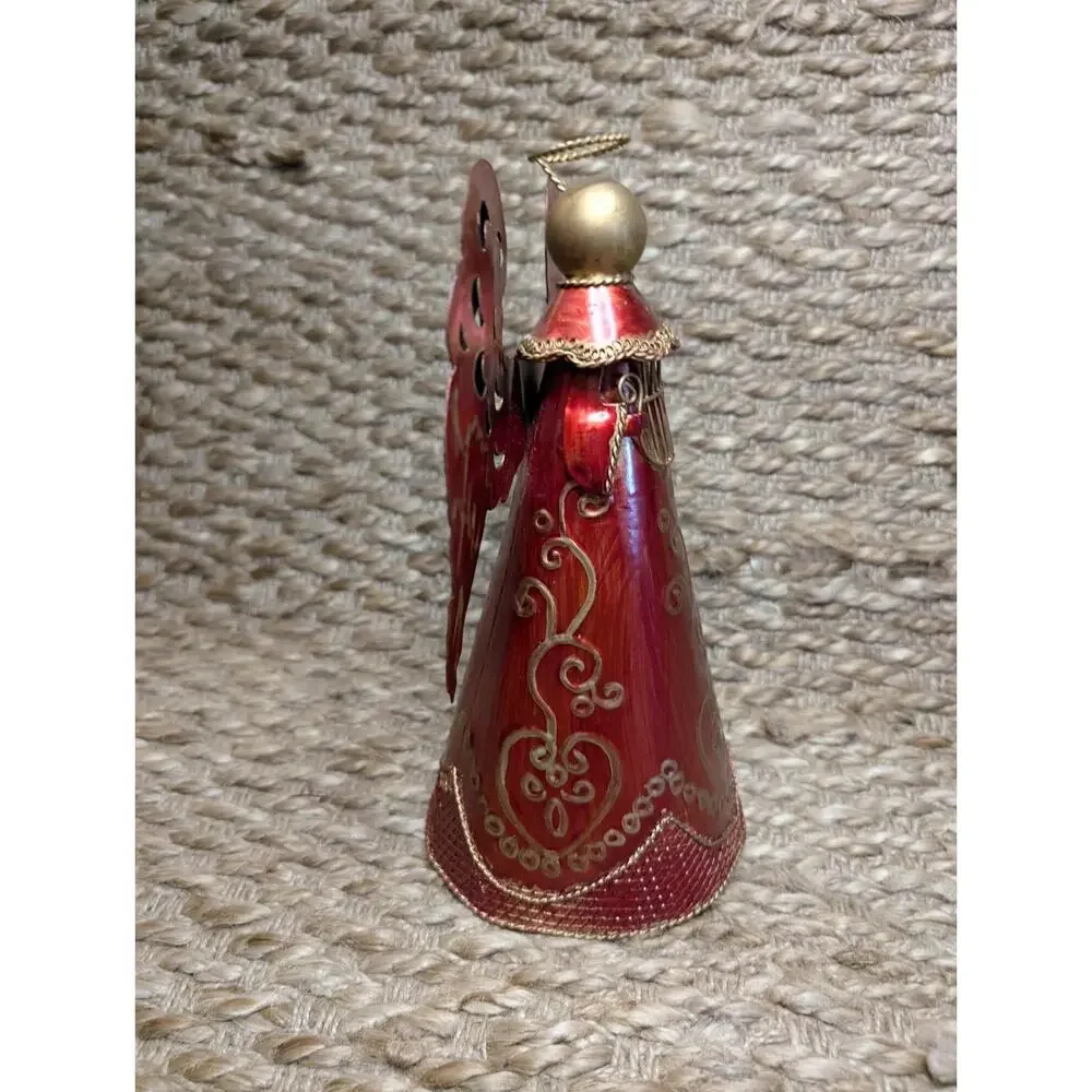 Christmas Red Metal Angel Playing Harp Instrument Gold Holiday Tabletop Decor
